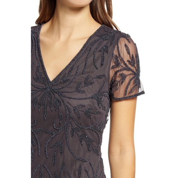PISARRO NIGHTS Beaded Mesh Gown in Grey - Size 4 - NWT - Picture 2 of 6